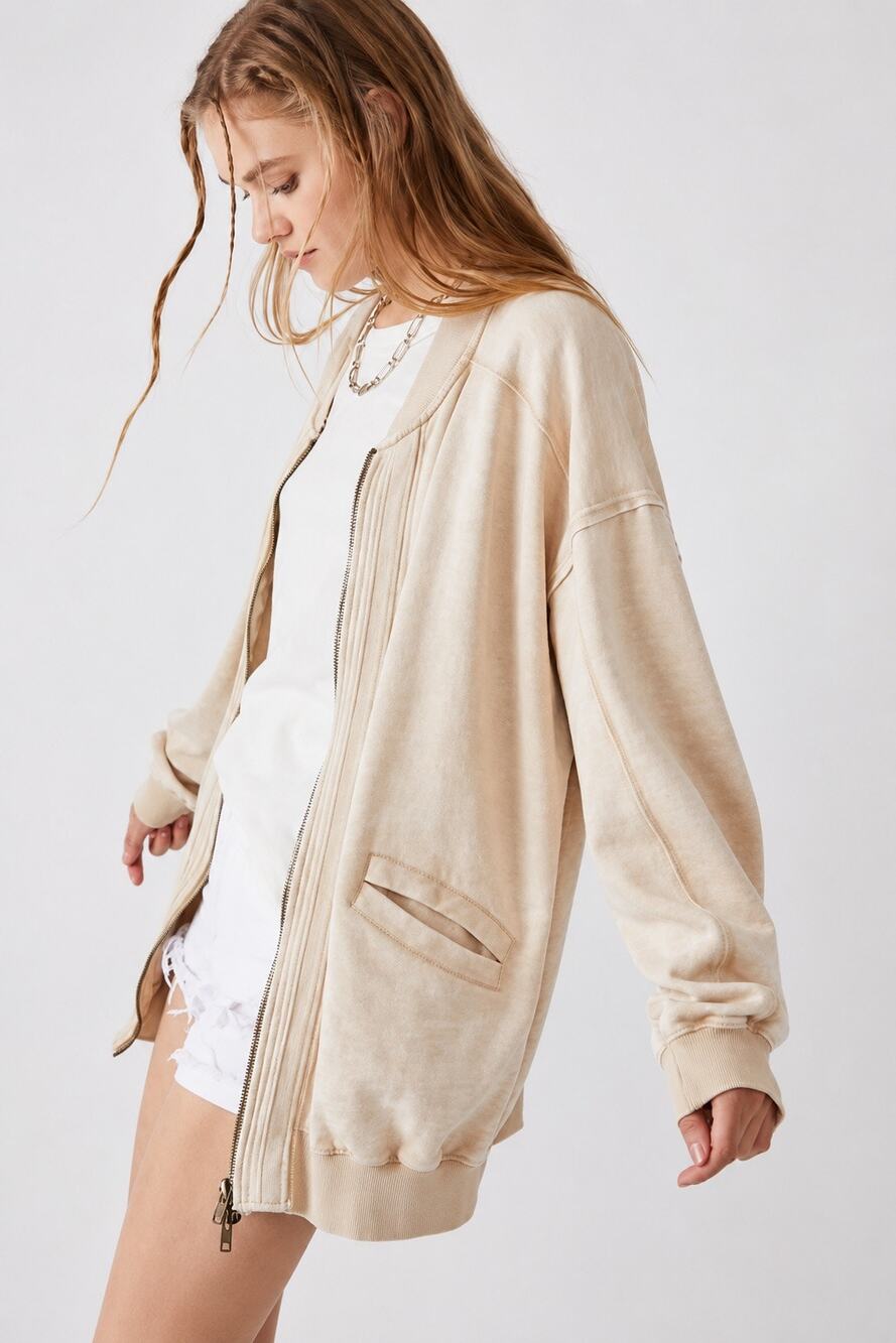 NEW Free People We The Free Robby Bomber Jacket Sweatshirt Taupe Oversized XL
